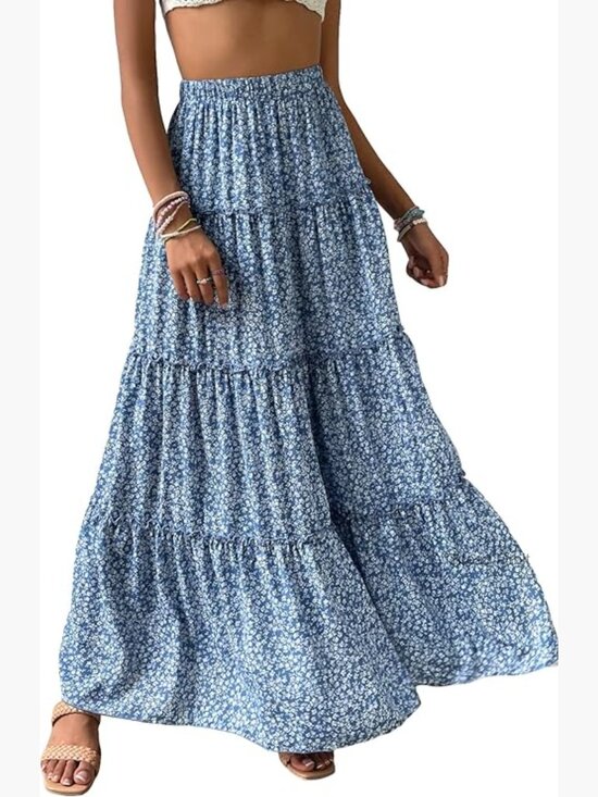 Dresses & Skirts - Floral Print High Waist Pleated Ruffle Flowy Maxi Skirt